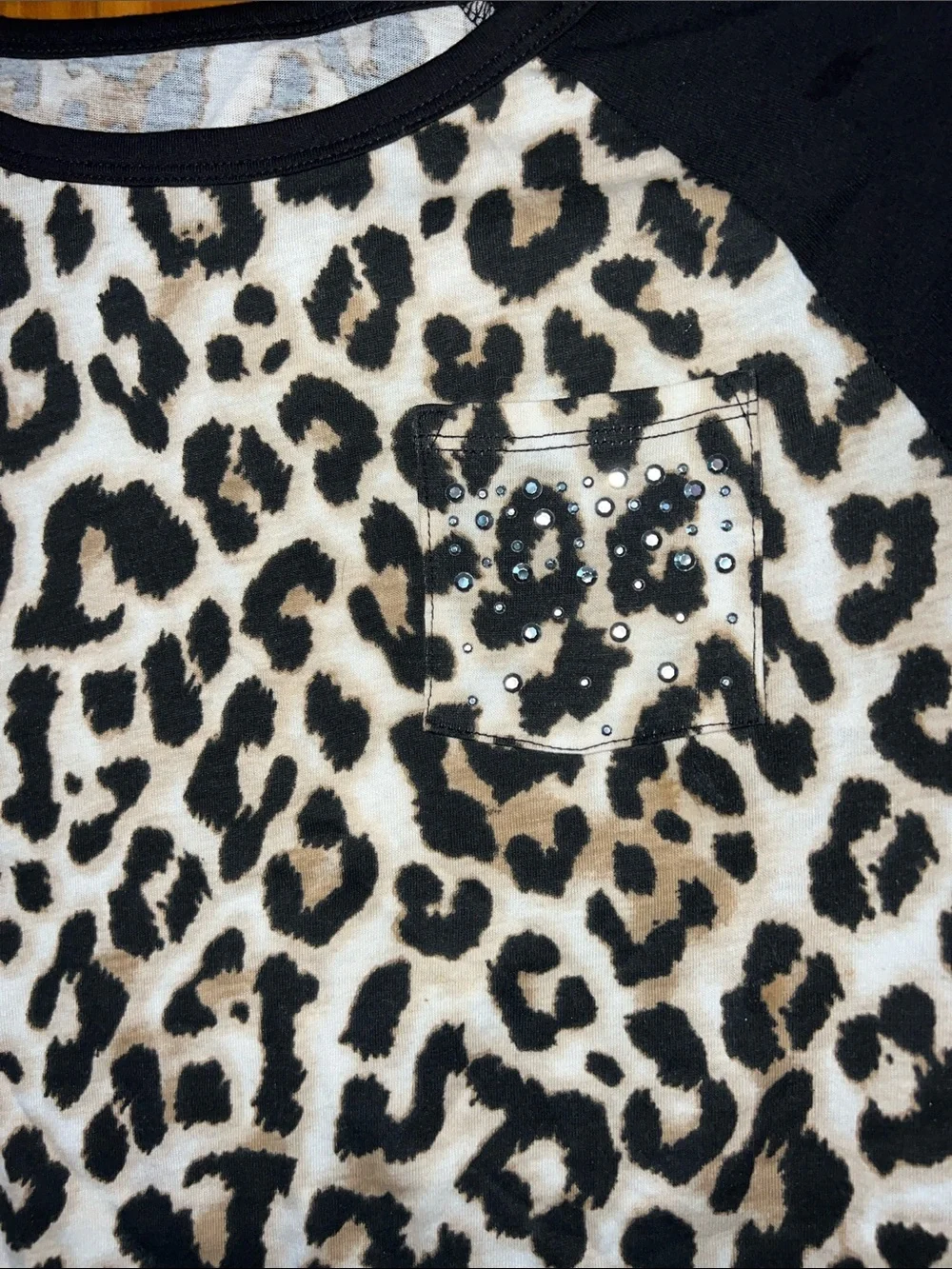 Justice Black Raglan Leopard Print Long Sleeve Tee with Rhinestone Pocket